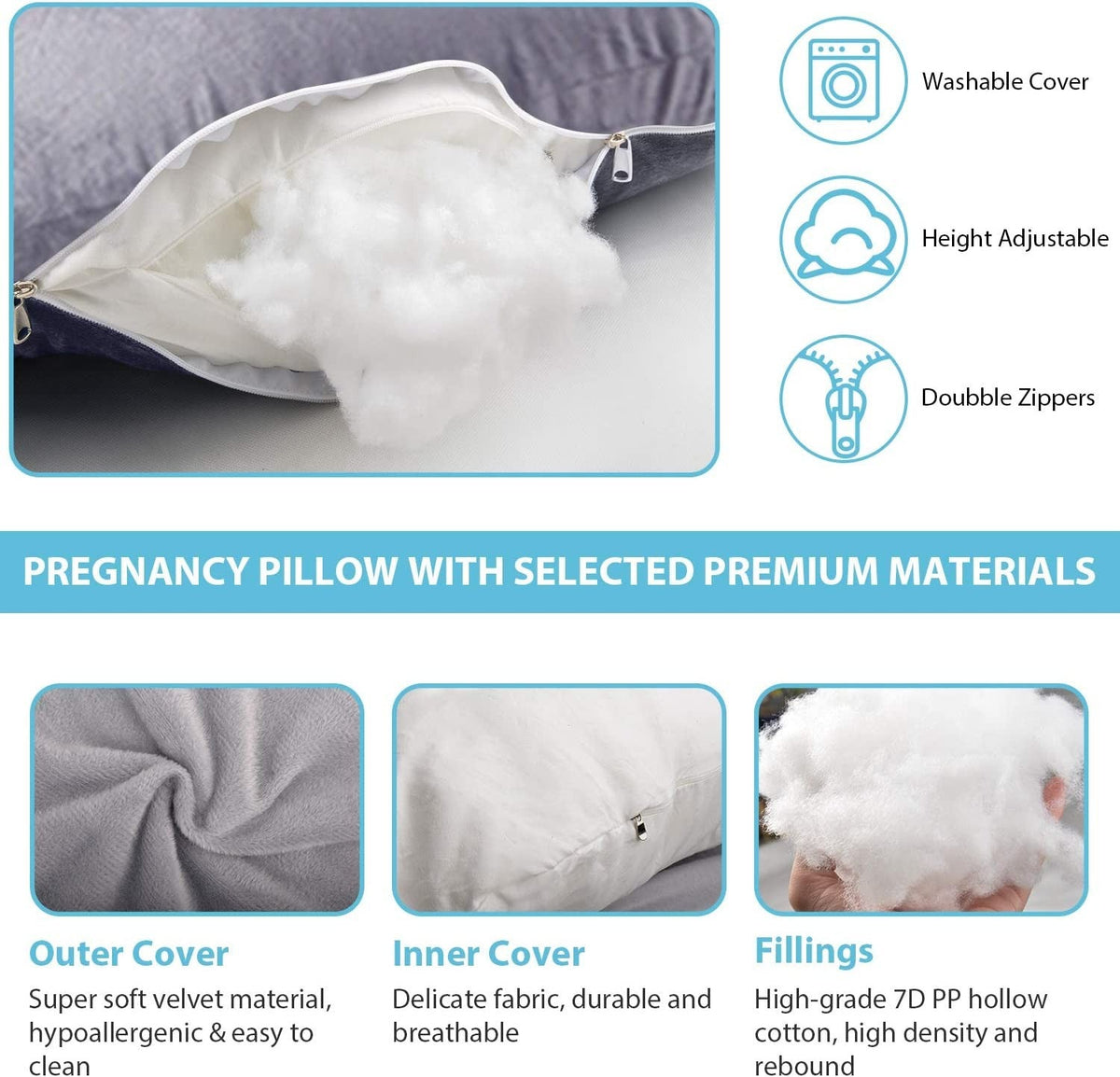 Comfortable U Shaped Pregnancy Pillow with Velvet Cover Full Body Support
