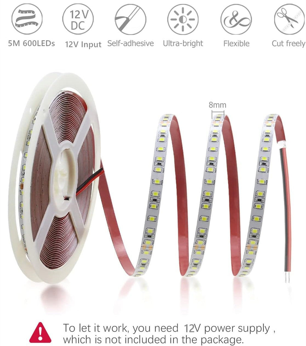2835 SMD 12V 5M LED Strip Light Cool White 600LED