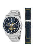 Maserati Velocita 43mm Chrono Blue Dial Stainless Steel Strap and Blue Leather Strap Watch