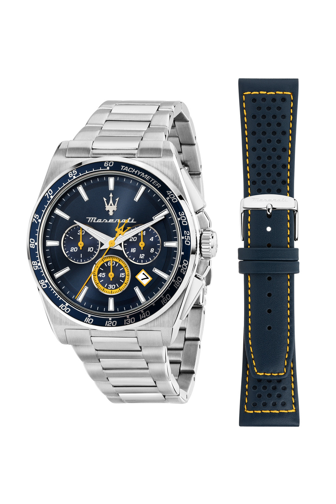 Maserati Velocita 43mm Chrono Blue Dial Stainless Steel Strap and Blue Leather Strap Watch