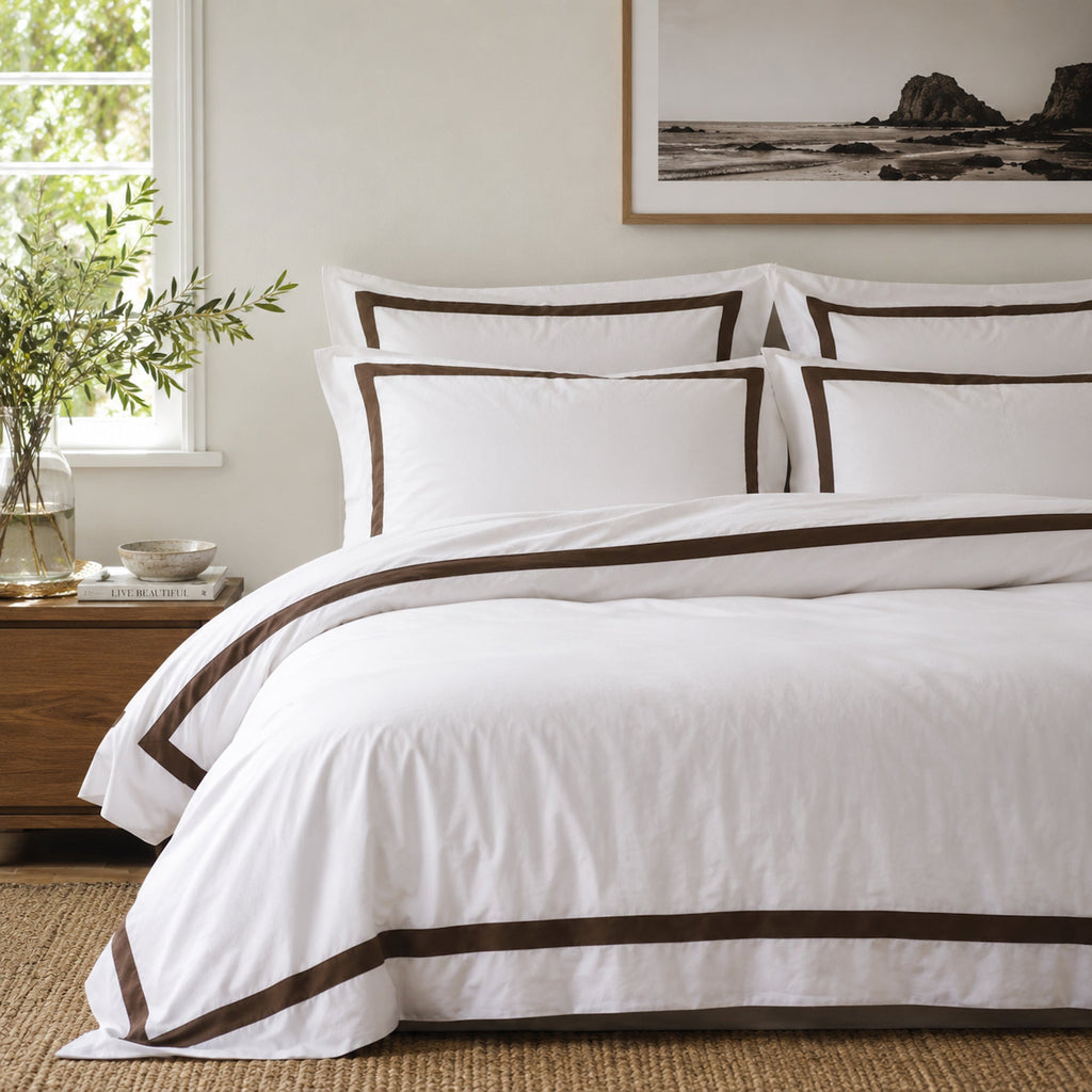 Ava Collection White Quilt Cover Set - Brown Trim