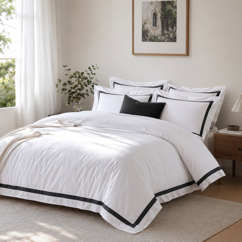 Ava Collection White Quilt Cover Set - Charcoal Trim
